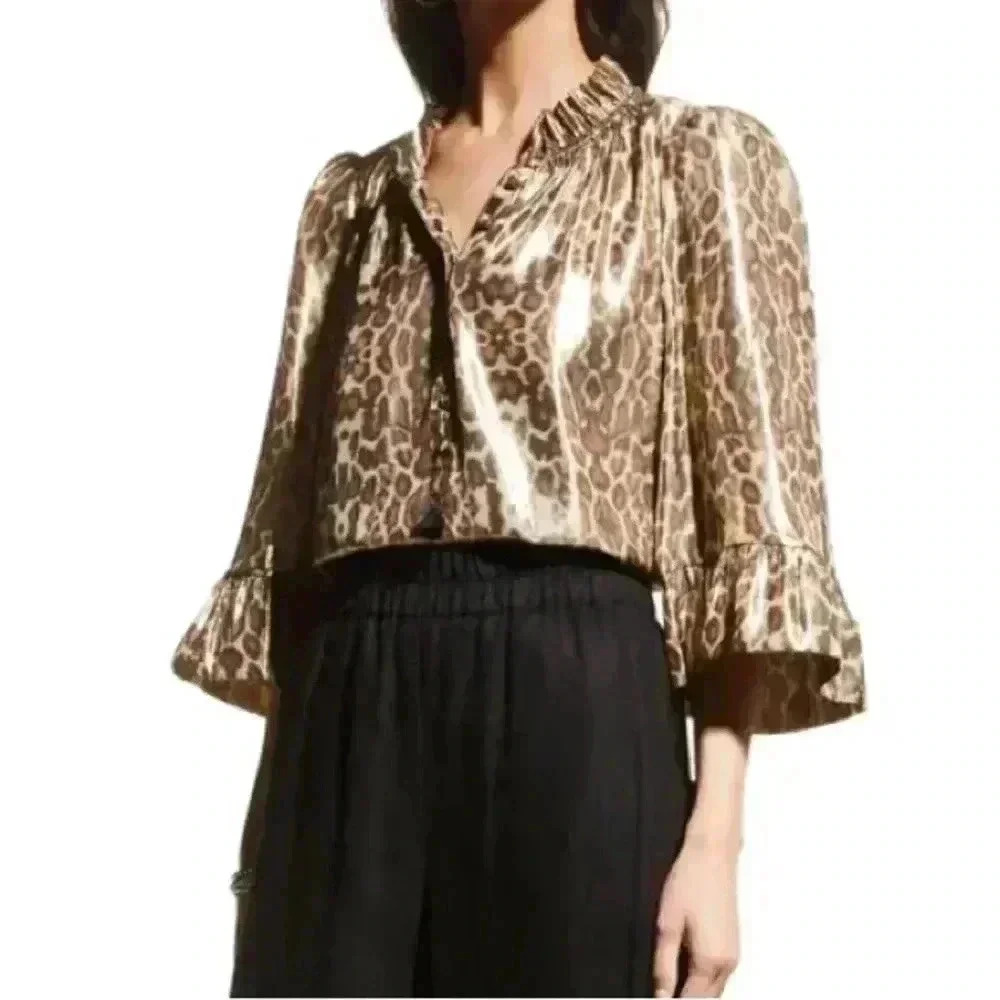 Figue women’s blouse Marceline Metallic Leopard Silk Top nwt size XS